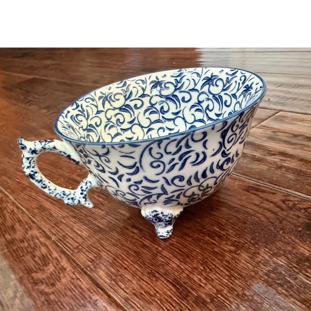 Anthropologie Attingham Collection Blue White Fine Stoneware Footed Cup Planter